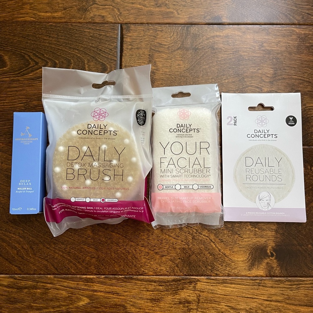 NIB Spa Relaxation Self Care Bundle Massaging Brush, Facial Scrubber, Rollerball